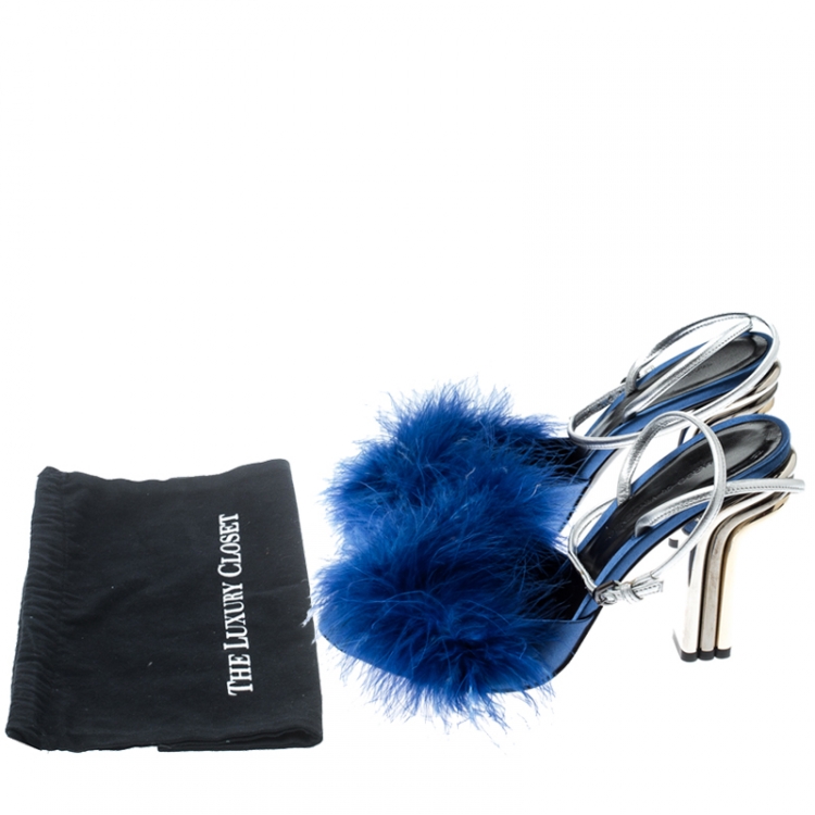 Pre Owned Marco De Vincenzo Blue Marabou Feathers Embellished Ankle Strap Sandals Size 39