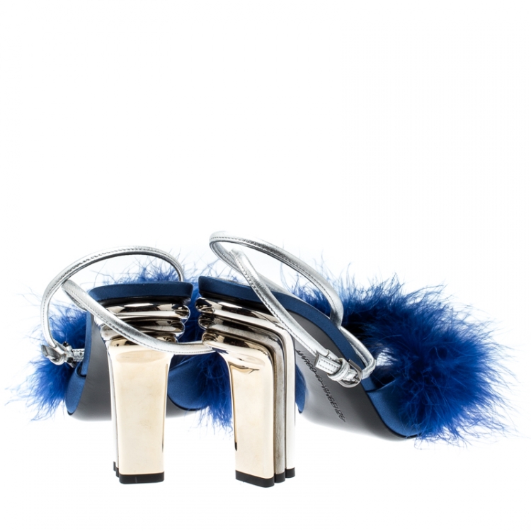 Pre Owned Marco De Vincenzo Blue Marabou Feathers Embellished Ankle Strap Sandals Size 39