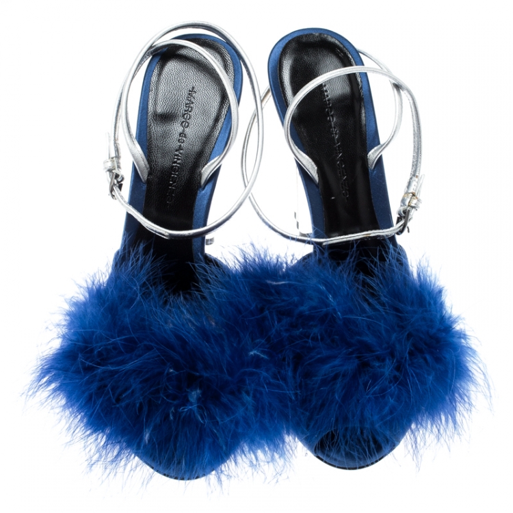 Pre Owned Marco De Vincenzo Blue Marabou Feathers Embellished Ankle Strap Sandals Size 39