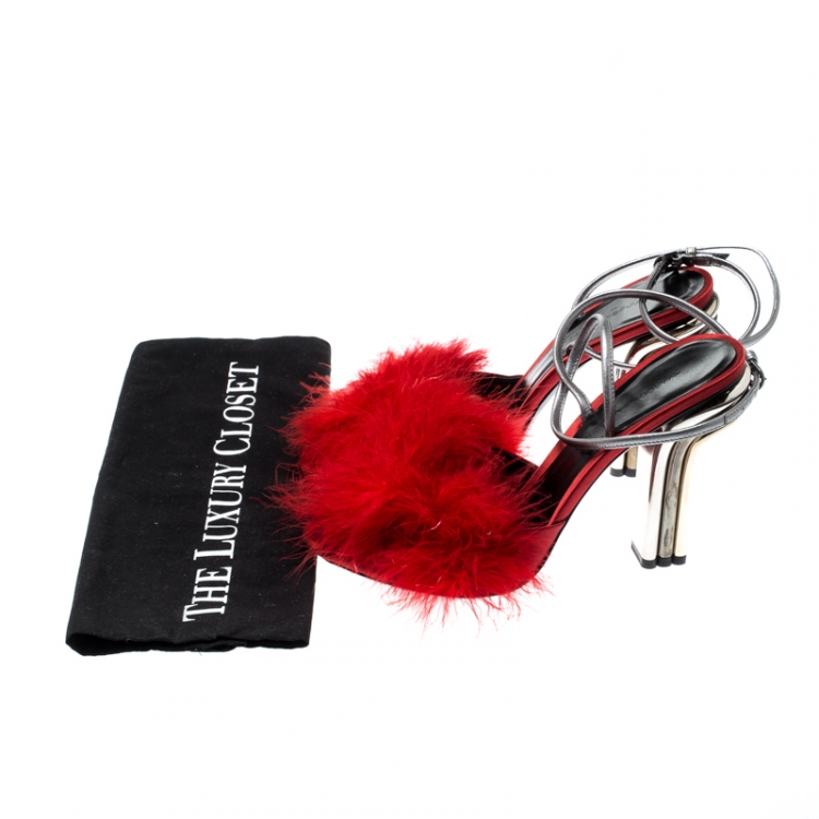 Pre Owned Marco De Vincenzo Red Marabou Feathers Embellished Ankle Strap Sandals Size 37.5