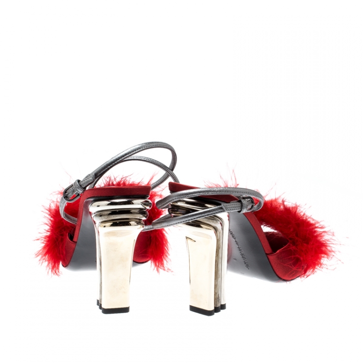 Pre Owned Marco De Vincenzo Red Marabou Feathers Embellished Ankle Strap Sandals Size 37.5