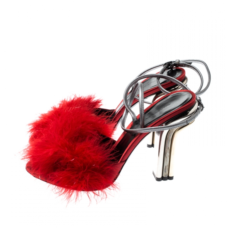 Pre Owned Marco De Vincenzo Red Marabou Feathers Embellished Ankle Strap Sandals Size 37.5
