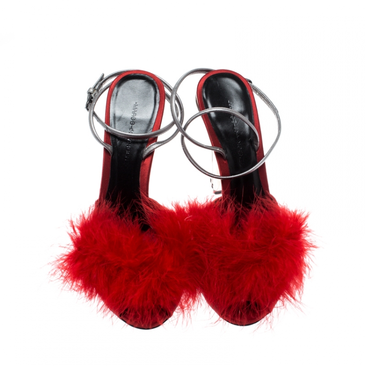 Pre Owned Marco De Vincenzo Red Marabou Feathers Embellished Ankle Strap Sandals Size 37.5
