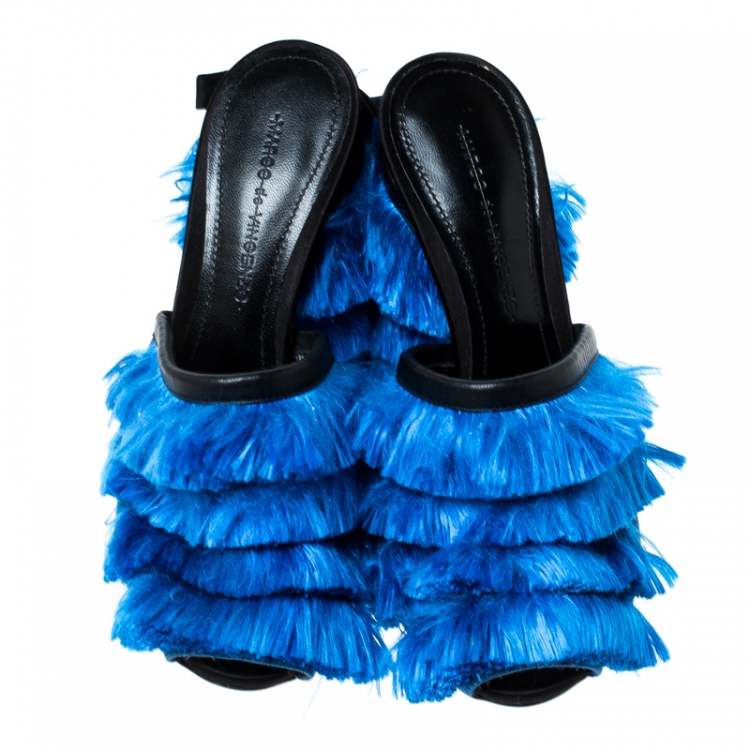 Pre Owned Marco de Vincenzo Blue Satin Fringed Mules Size 37