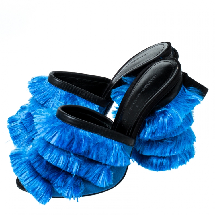 Pre Owned Marco de Vincenzo Blue Satin Fringed Mules Size 37