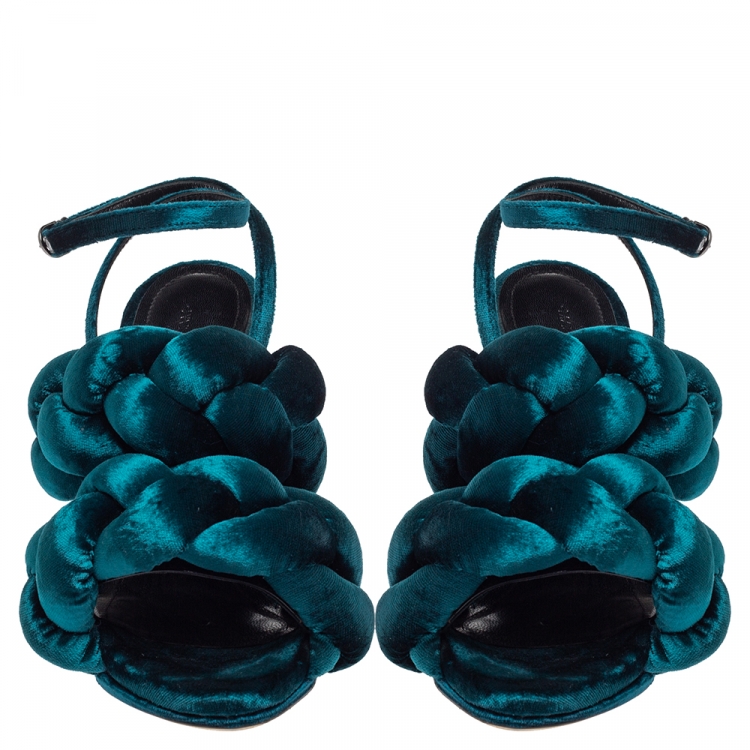 Pre Owned Marco De Vincenzo Teal Blue Velvet Braided Rope Ankle Strap Sandals Size 36