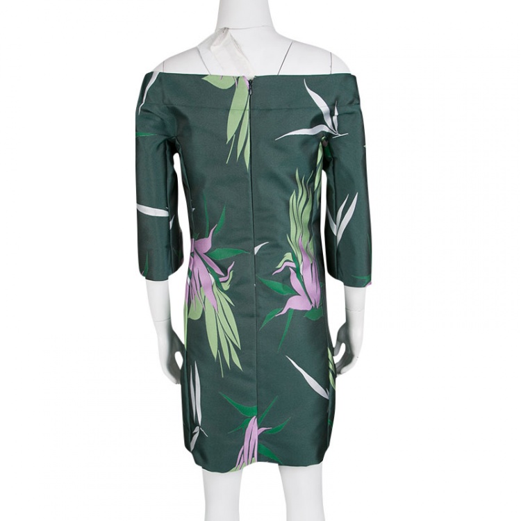 Pre Owned Marni Spherical Green Jacquard Kapfu Motif Off Shoulder Shift Dress M