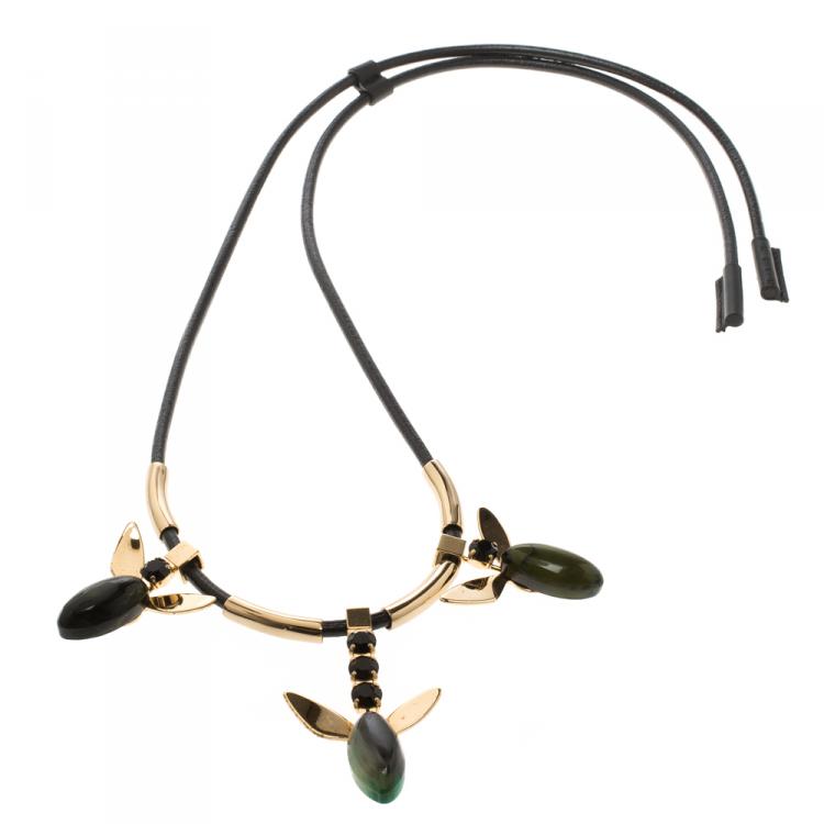 Pre Owned Marni Crystal Resin Gold Tone & Leather Adjustable Necklace 