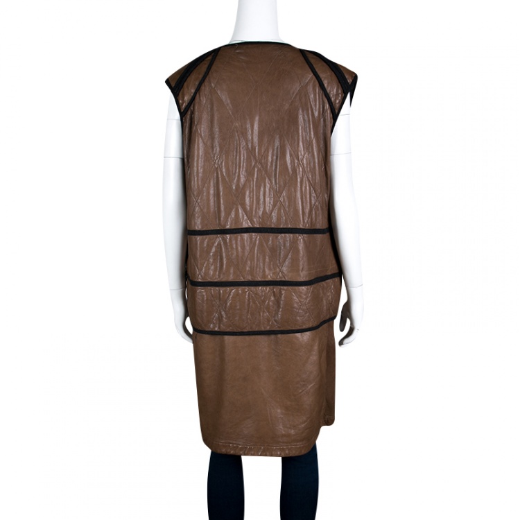 Pre Owned Marni Brown Quilted Lamb Leather Jersey Lined Long Open Front Vest M 