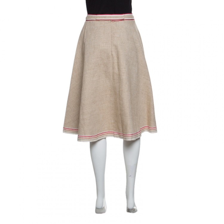 Pre Owned Marni Brown Cotton Flax Contrast Trim Detail Textured Midi Skirt M