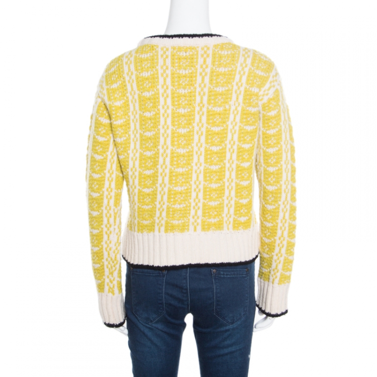 Pre Owned Marni Off White and Yellow Contrast Trim Detail Chunky Knit Intarsia Sweater S