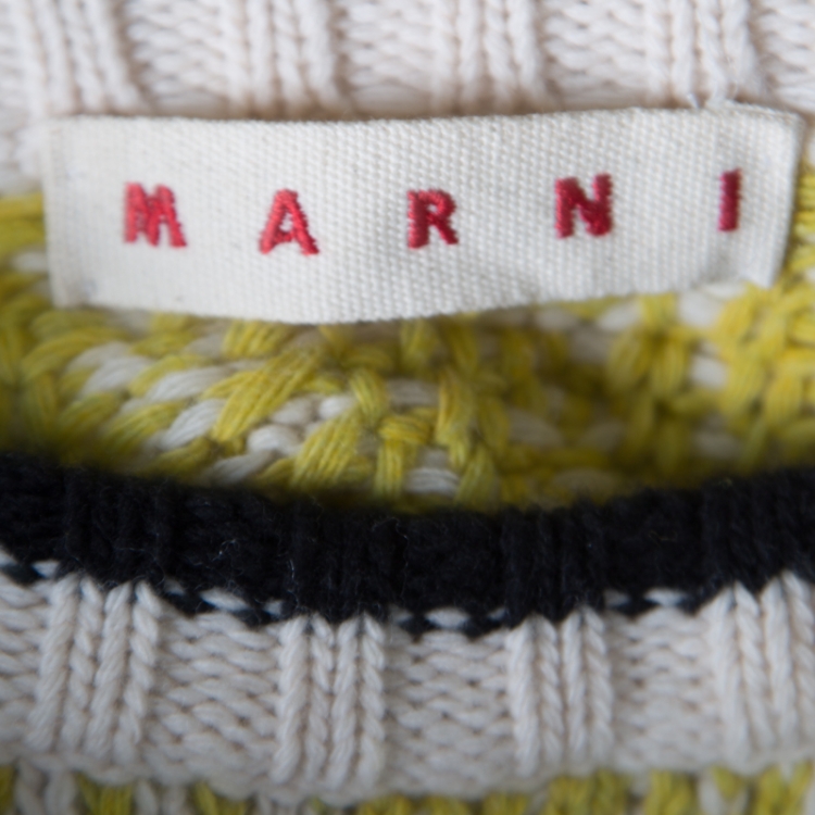 Pre Owned Marni Off White and Yellow Contrast Trim Detail Chunky Knit Intarsia Sweater S