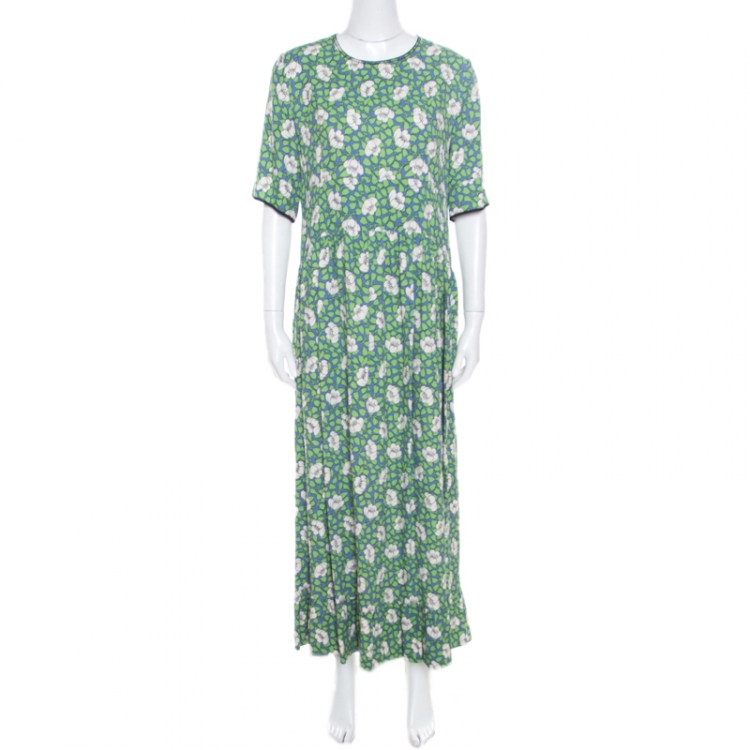Pre Owned Marni Blue and Green Floral Printed Crepe Ruffled Hem Maxi Dress M