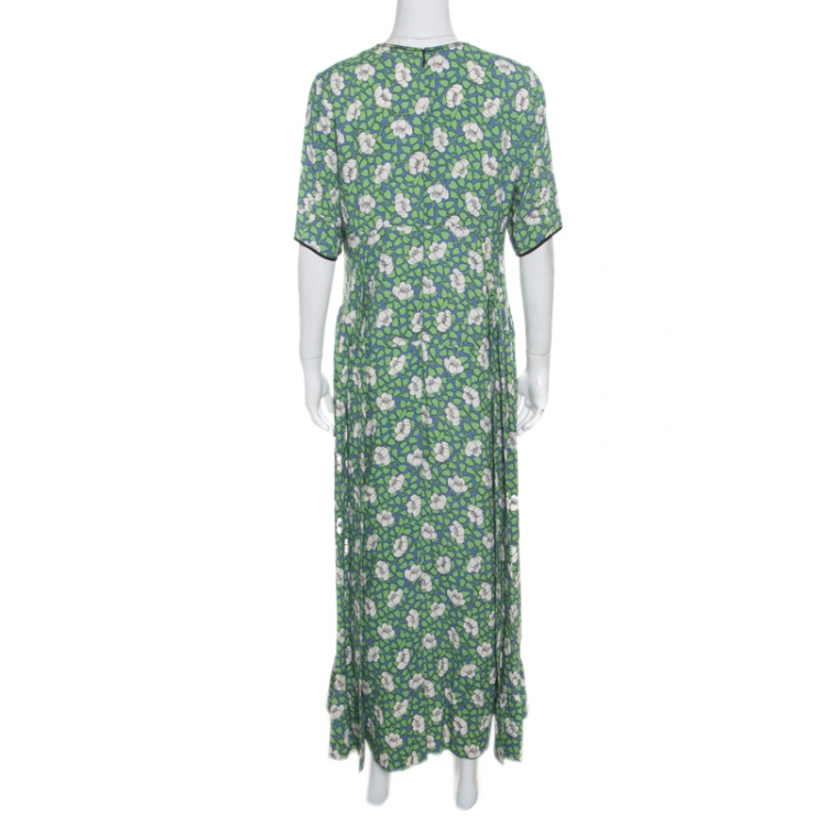 Pre Owned Marni Blue and Green Floral Printed Crepe Ruffled Hem Maxi Dress M