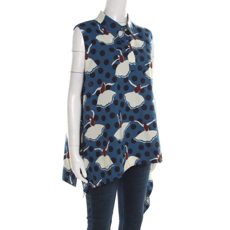 Pre Owned Marni Blue Polka Dotted Dancer Print Asymmetric Bottom Sleeveless Top L