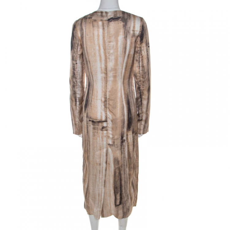 Pre Owned Marni Beige Box Face Print Satin Long Sleeve Midi Dress M