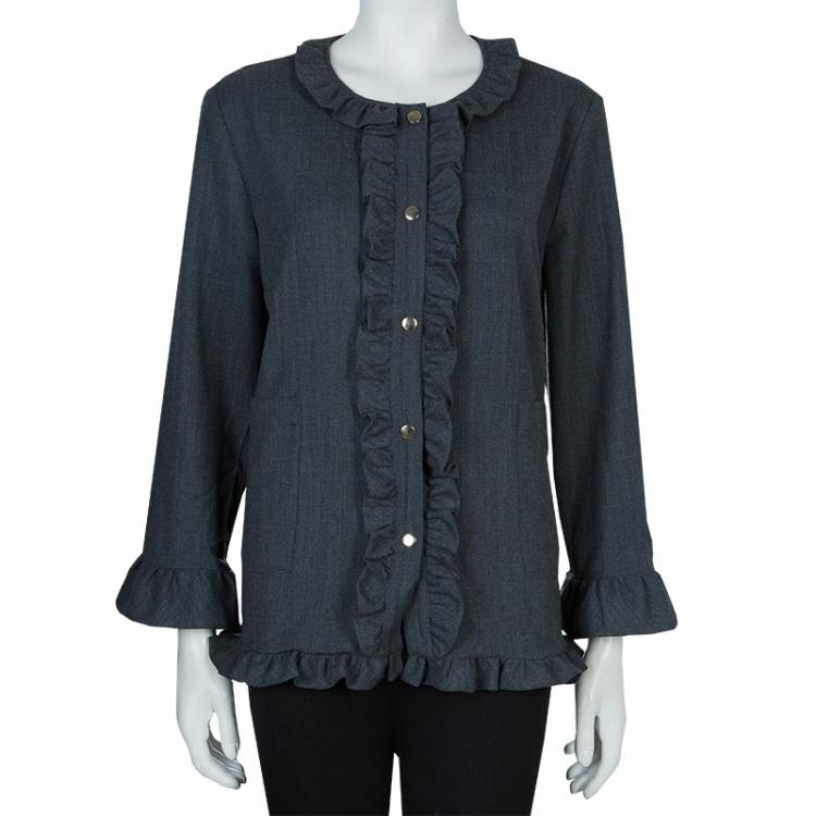 Pre Owned Marni Grey Long Sleeve Ruffle Detail Button Down Wool Blouse M