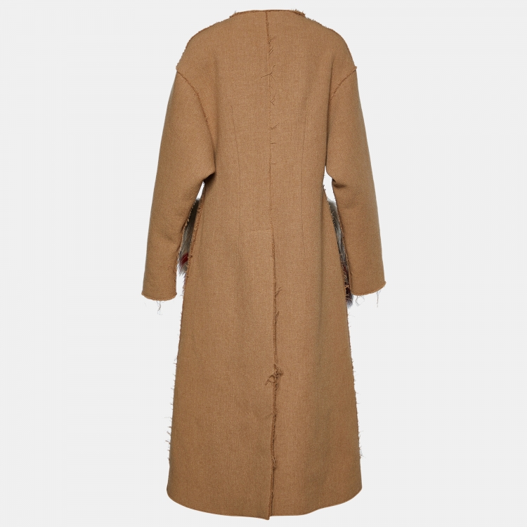 Pre Owned Marni Beige Wool & Fox Fur Pocket Detail Long Coat L
