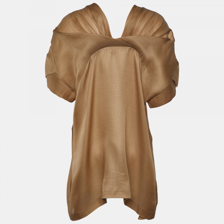 Pre Owned Marni Brown Silk & Wool Pleated Shoulder Tunic L