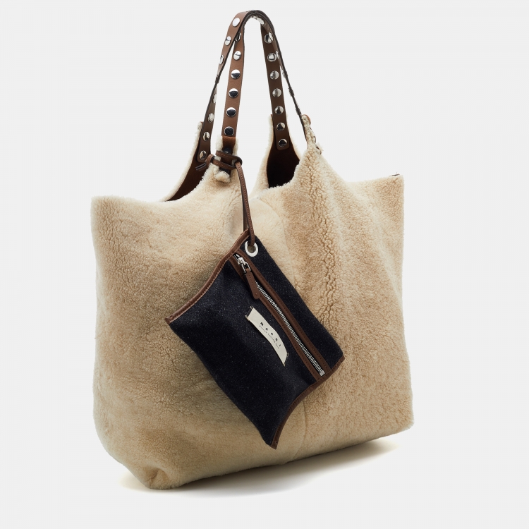 Pre Owned Marni Off White/Brown Shearling Fur and Leather Reversible Tote
