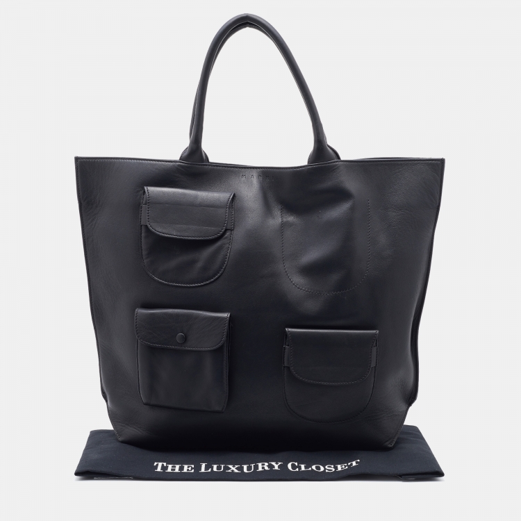 Pre Owned Marni Black Leather Front Pocket Shopper Tote