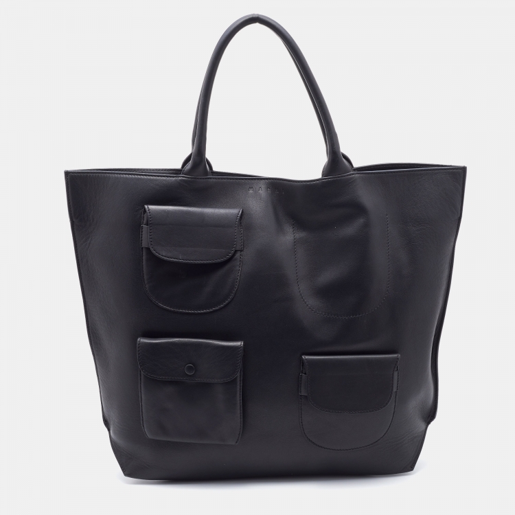 Pre Owned Marni Black Leather Front Pocket Shopper Tote