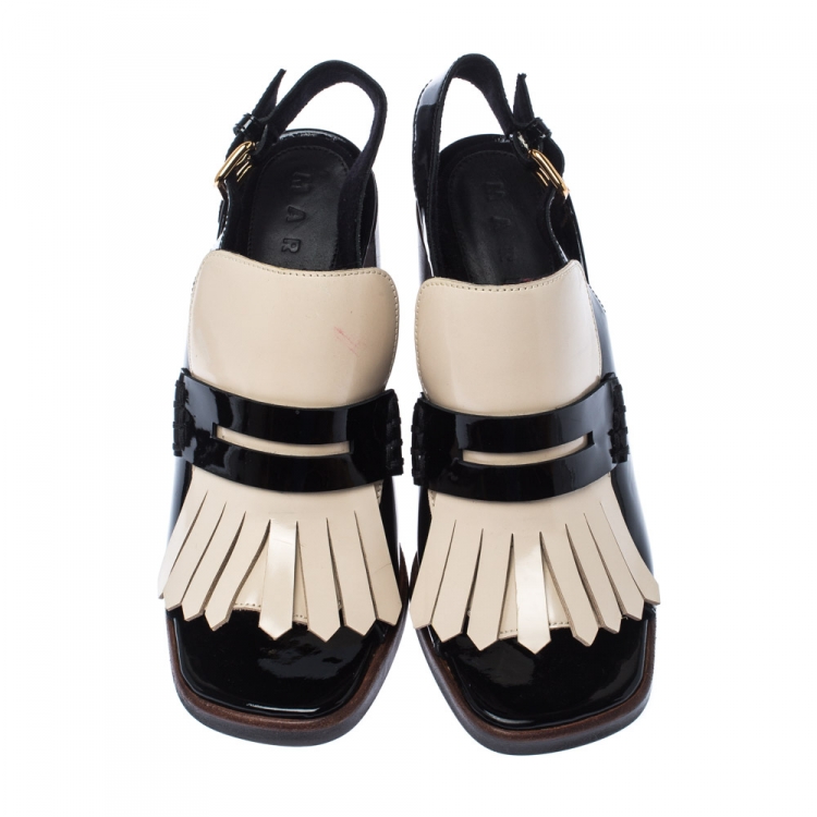 Pre Owned Marni Monochrome Patent Leather Fringe Slingback Sandals Size 37