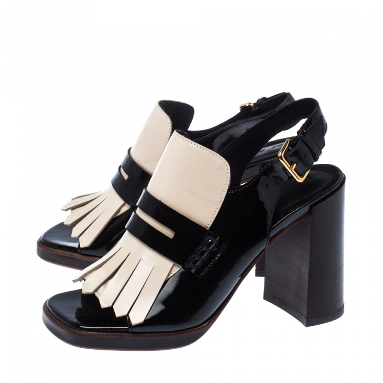 Pre Owned Marni Monochrome Patent Leather Fringe Slingback Sandals Size 37