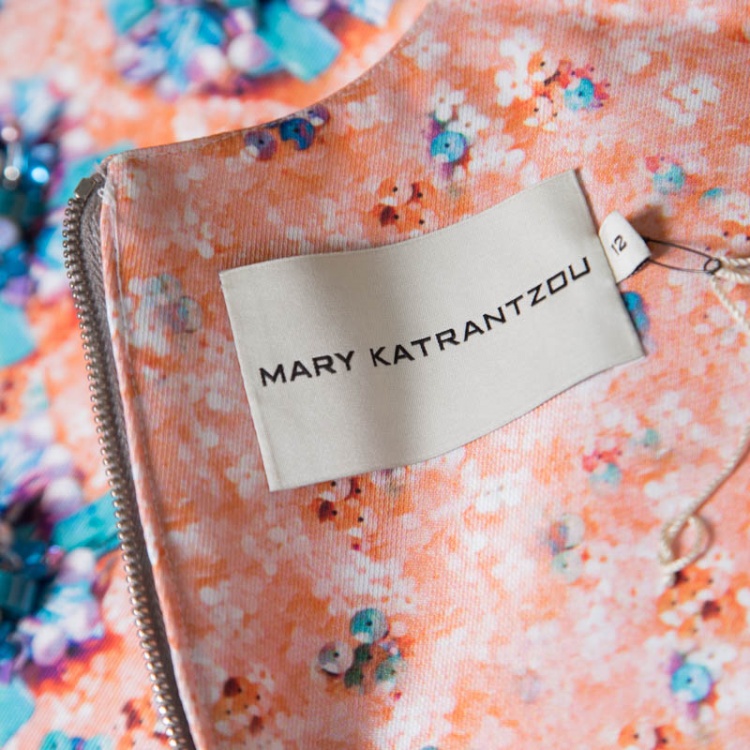 Pre Owned Mary Katrantzou Bejeweled Bow Print Embellished Silverfloss Crop Top M