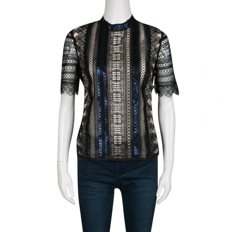 Pre Owned Mary Katrantzou Black Chestripe Lace Metallic Trim Short Sleeve Top M