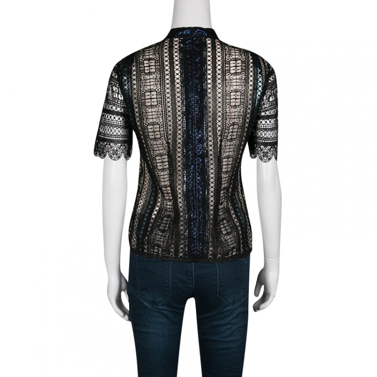 Pre Owned Mary Katrantzou Black Chestripe Lace Metallic Trim Short Sleeve Top M