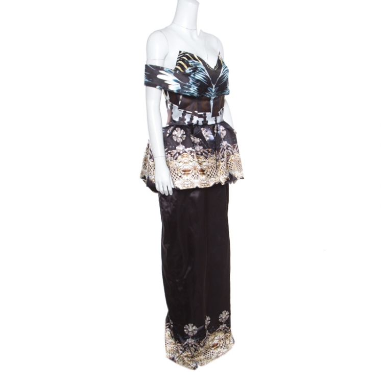 Pre Owned Mary Katrantzou Nebraska Printed Silk Satin Off Shoulder Peplum Maxi Dress M