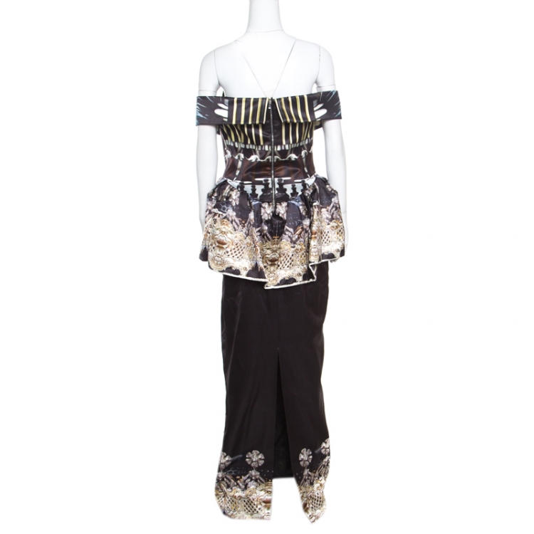 Pre Owned Mary Katrantzou Nebraska Printed Silk Satin Off Shoulder Peplum Maxi Dress M