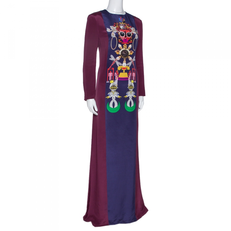 Pre Owned Mary Katrantzou Burgundy Sentinel Clocktopia Print Silk Maxi Dress M