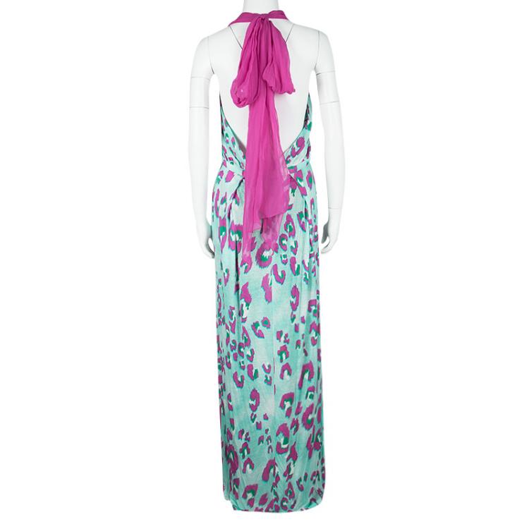 Pre Owned Matthew Williamson Electro Leopard Print Cutout Detail Jersey Maxi Dress L