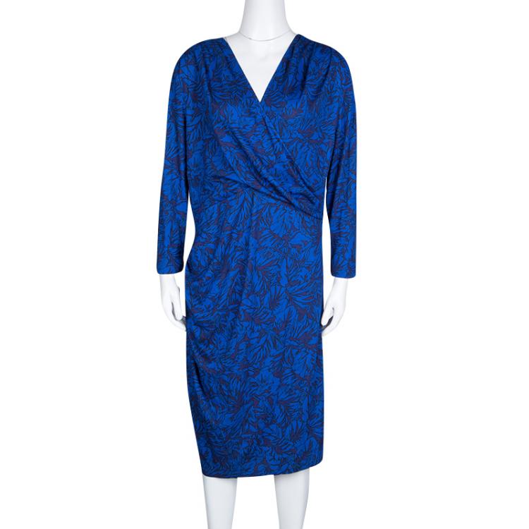 Pre Owned Matthew Williamson Navy Blue Draped Jersey Botanical Dress L
