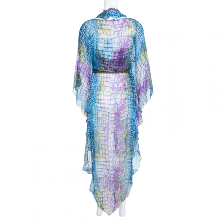 Pre Owned Matthew Williamson Escape Blue Alligator Printed Sheer Silk Belted Asymmetric Kaftan M