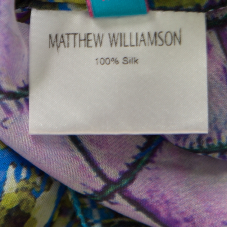 Pre Owned Matthew Williamson Escape Blue Alligator Printed Sheer Silk Belted Asymmetric Kaftan M