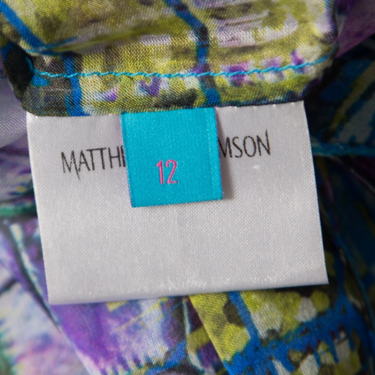 Pre Owned Matthew Williamson Escape Blue Alligator Printed Sheer Silk Belted Asymmetric Kaftan M