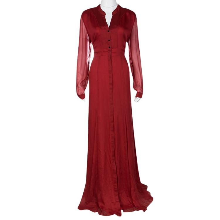 Pre Owned Matthew Williamson Red Winter Chiffon Godet Maxi Shirt Dress L