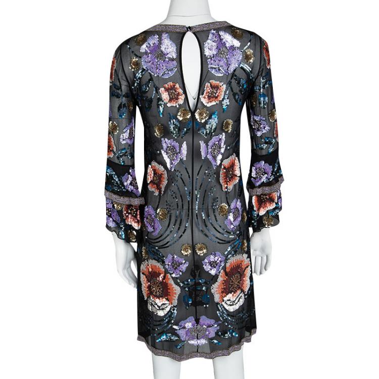 Pre Owned Matthew Williamson Black Silk Floral Pattern Sequin Embellished Dress S