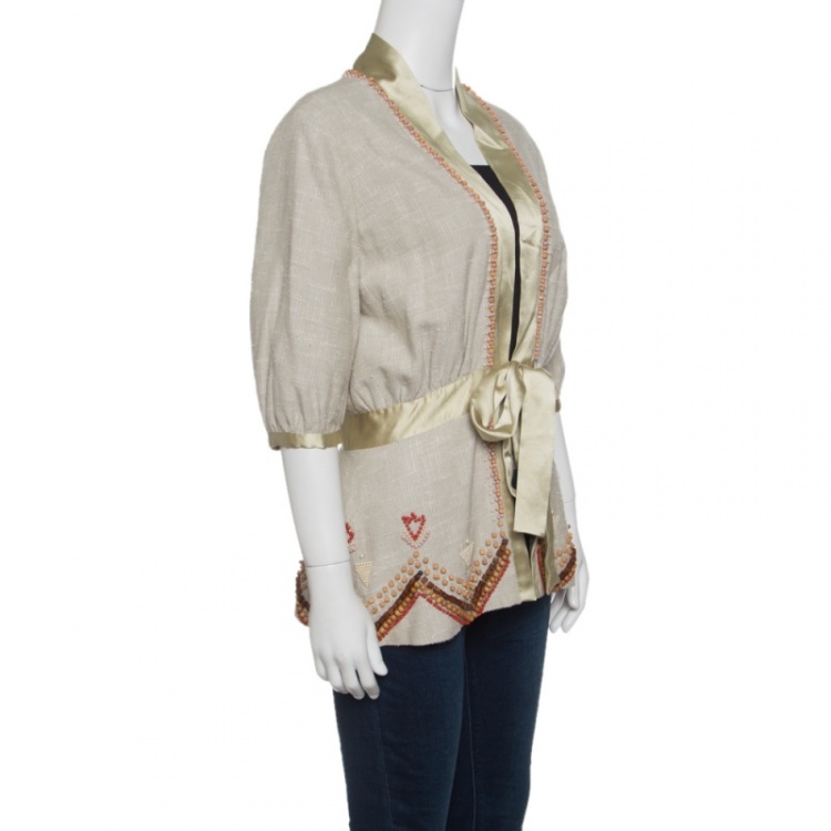 Pre Owned Matthew Williamson Beige Knit Silk Trim Beaded Front Tie Jacket M