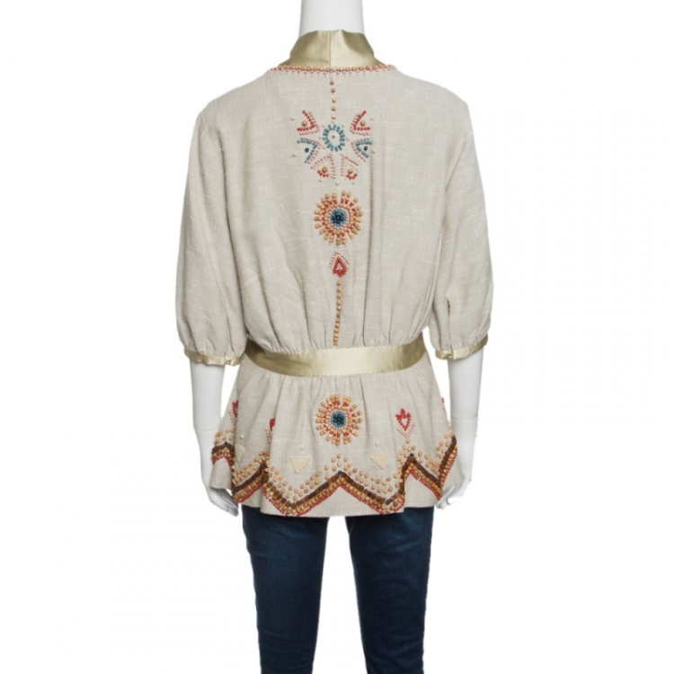 Pre Owned Matthew Williamson Beige Knit Silk Trim Beaded Front Tie Jacket M