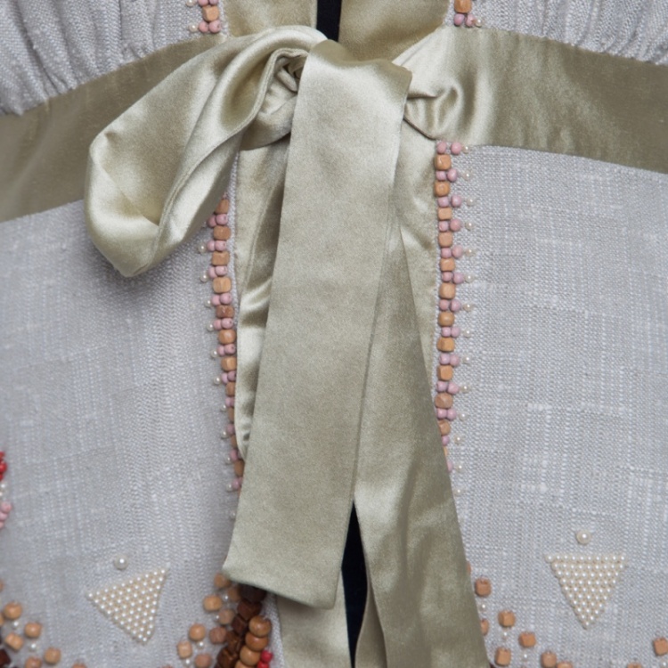 Pre Owned Matthew Williamson Beige Knit Silk Trim Beaded Front Tie Jacket M
