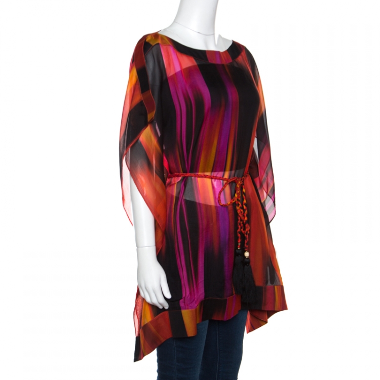 Pre Owned Matthew Williamson Escape Multicolor Printed Sheer Silk Belted Kaftan Tunic S