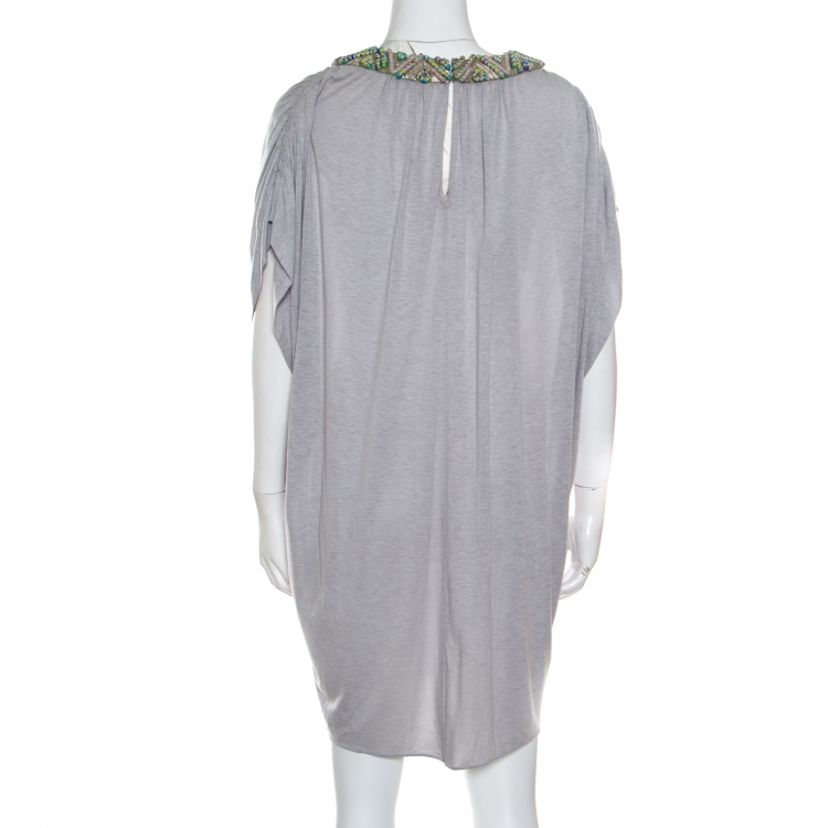 Pre Owned Matthew Williamson Grey Melange Knit Embellished Neckline Detail Boxy Dress M