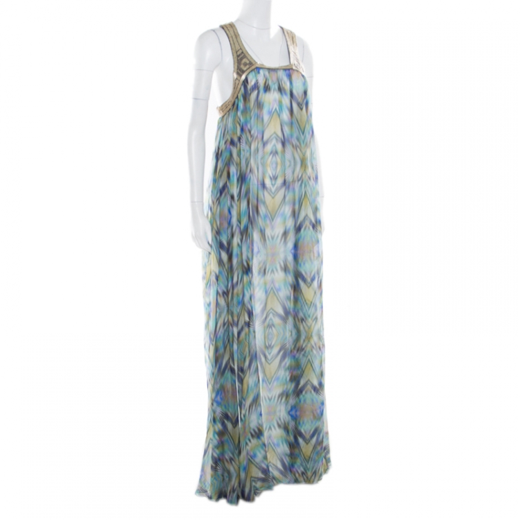 Pre Owned Matthew Williamson Escape Green Sheer Silk Printed Embellished Racerback Dress M