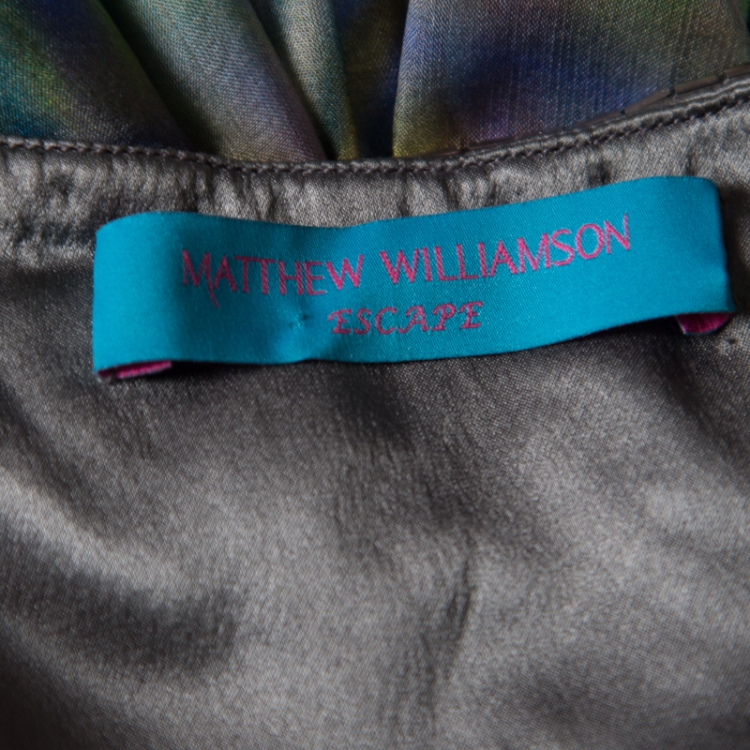Pre Owned Matthew Williamson Escape Green Sheer Silk Printed Embellished Racerback Dress M