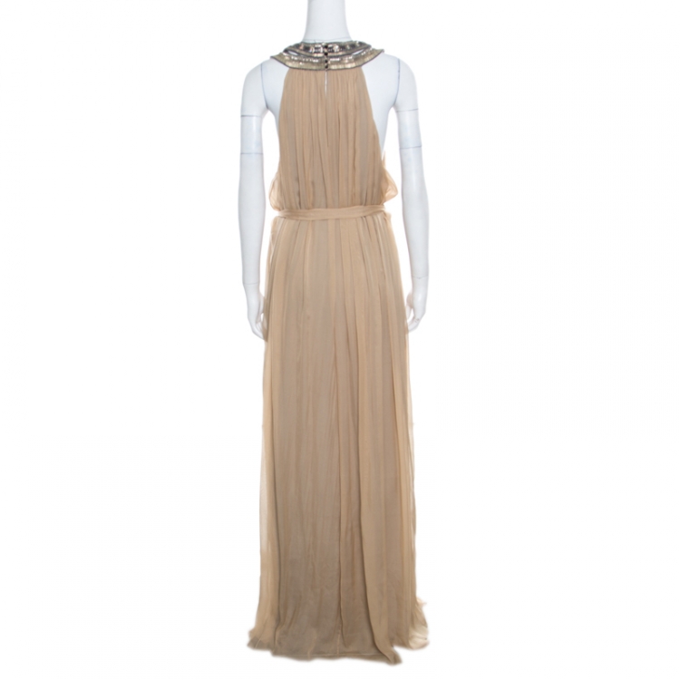 Pre Owned Matthew Williamson Beige Embellished Cutout Neck Detail Belted Gown L