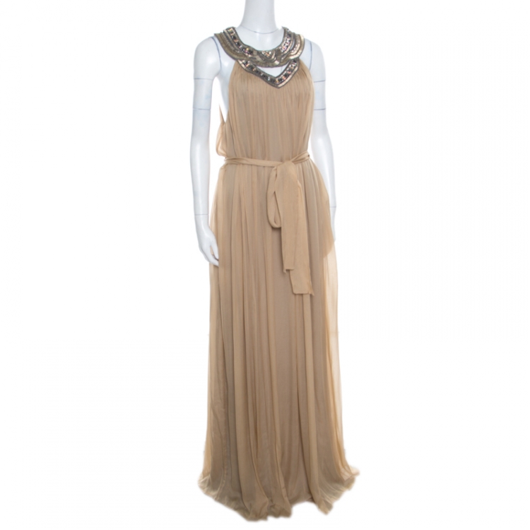 Pre Owned Matthew Williamson Beige Embellished Cutout Neck Detail Belted Gown L
